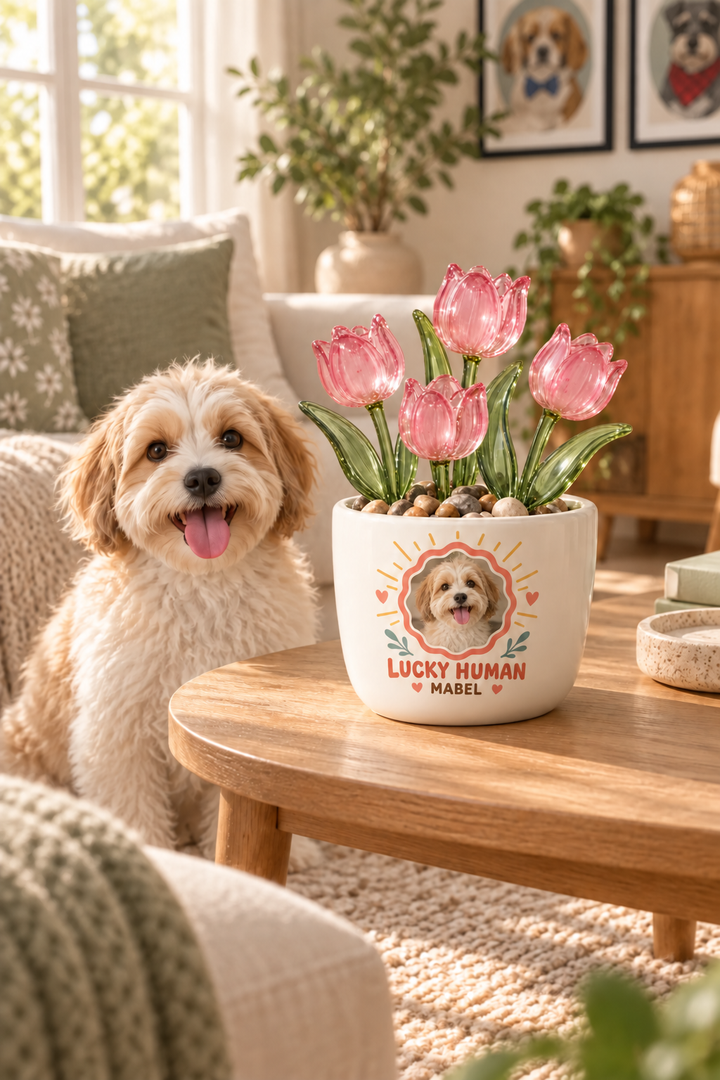 Personalized pink glass tulip pot styled beside a fluffy tan dog in a warm home
