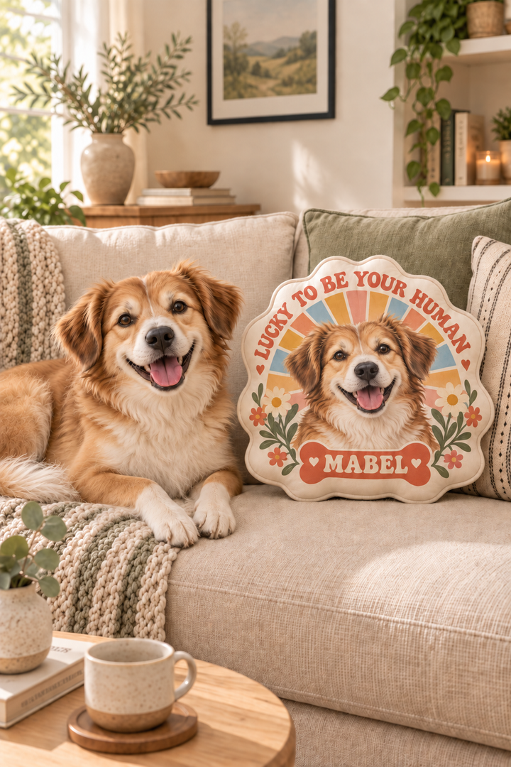 Personalized Mabel shaped pet pillow beside a tan and white dog on a linen sofa