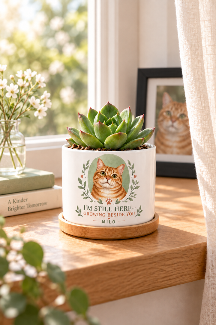 Personalized Milo cat memorial plant pot on a peaceful windowsill