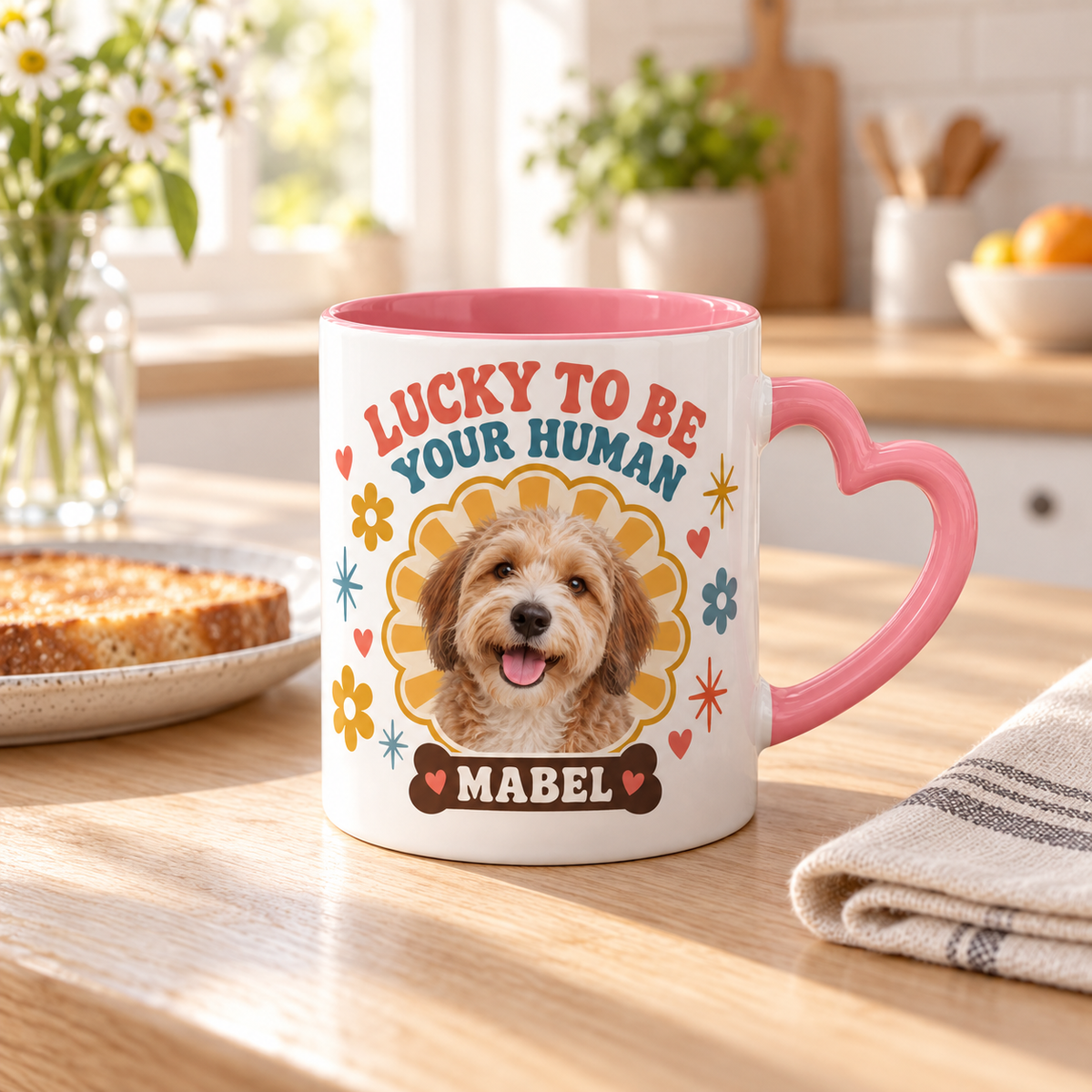 Lucky to Be Your Human — Personalized Pet Heart Handle Mug — lifestyle example mockup
