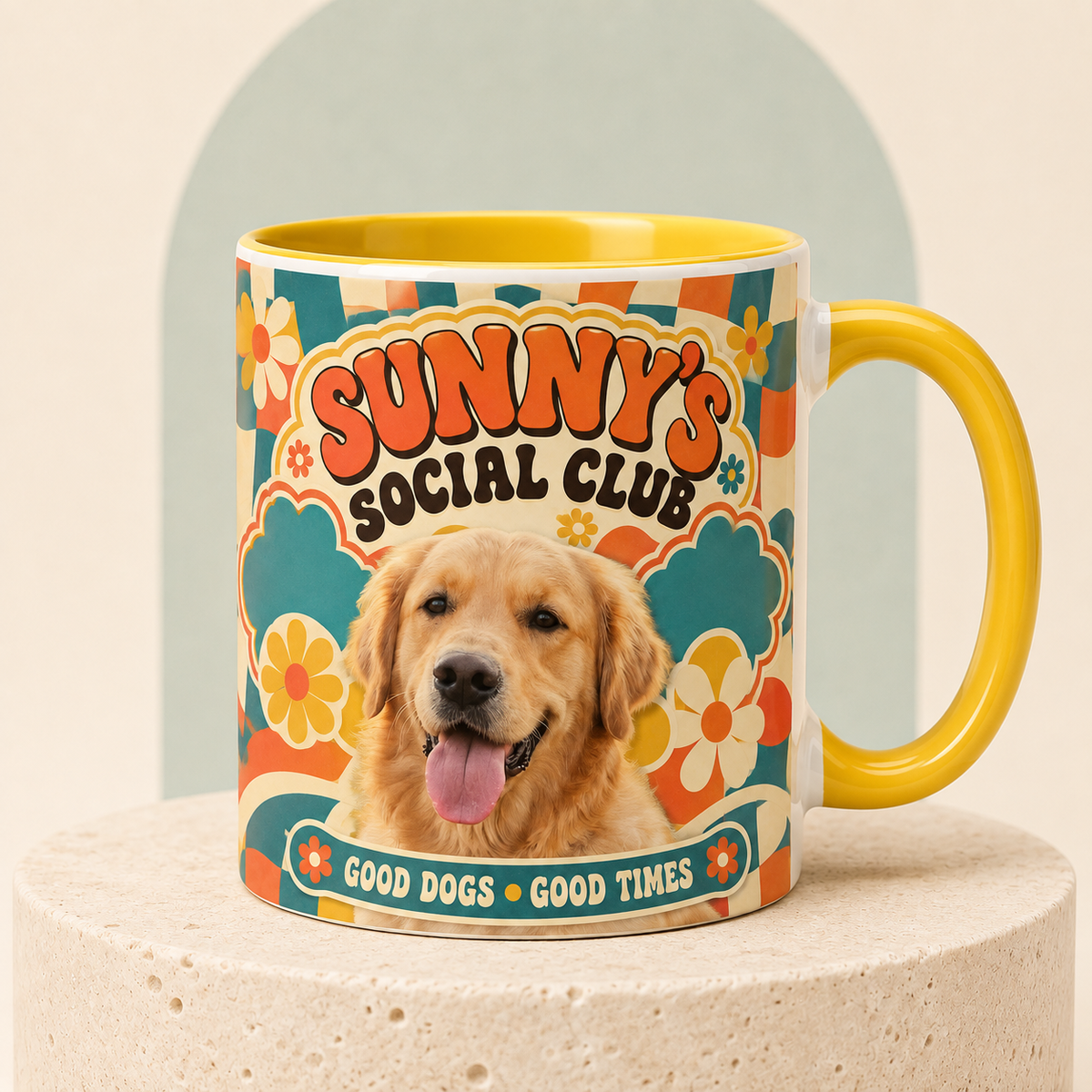 Colorful personalized pet portrait mug with a custom name