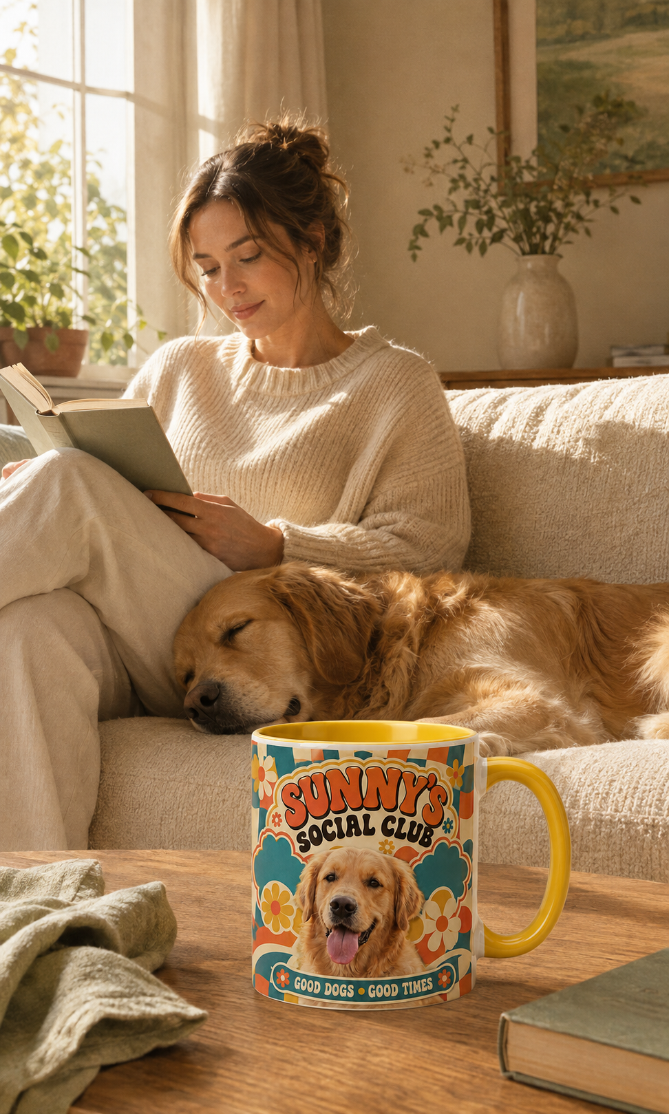 Personalized Pet Social Club mug displayed in a sunny room