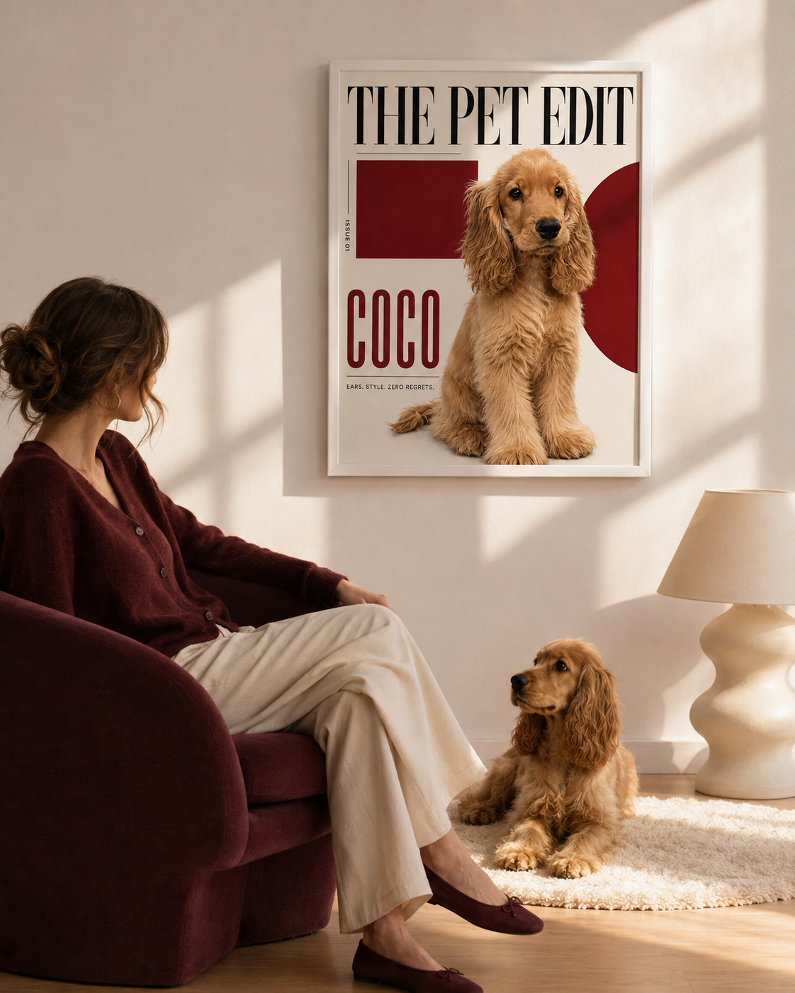 The Pet Edit personalized framed dog portrait styled in a home
