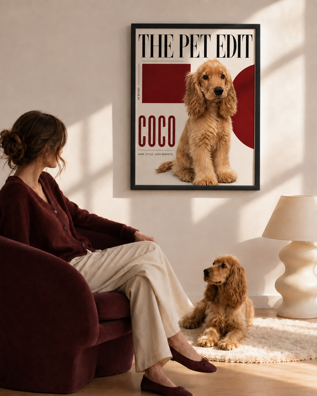 The Pet Edit personalized framed dog portrait styled in a home