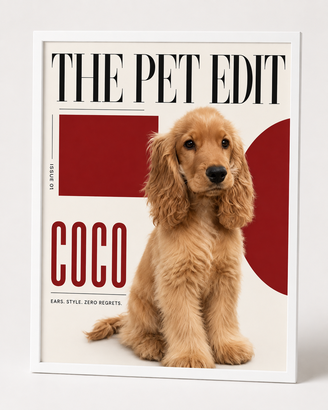 White-framed editorial pet portrait personalized with the name Coco