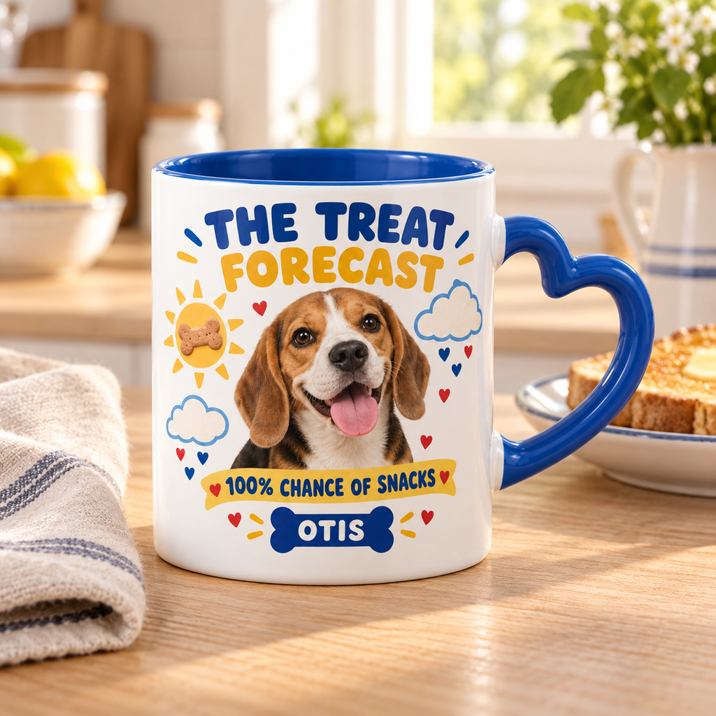The Treat Forecast — Personalized Pet Heart Handle Mug — lifestyle example mockup