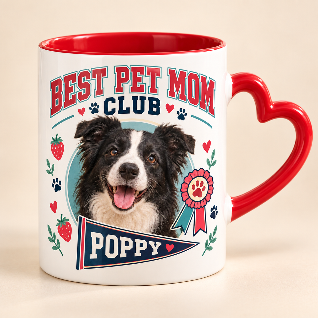 Best Pet Mom Club — Personalized Pet Heart Handle Mug — close-up example mockup