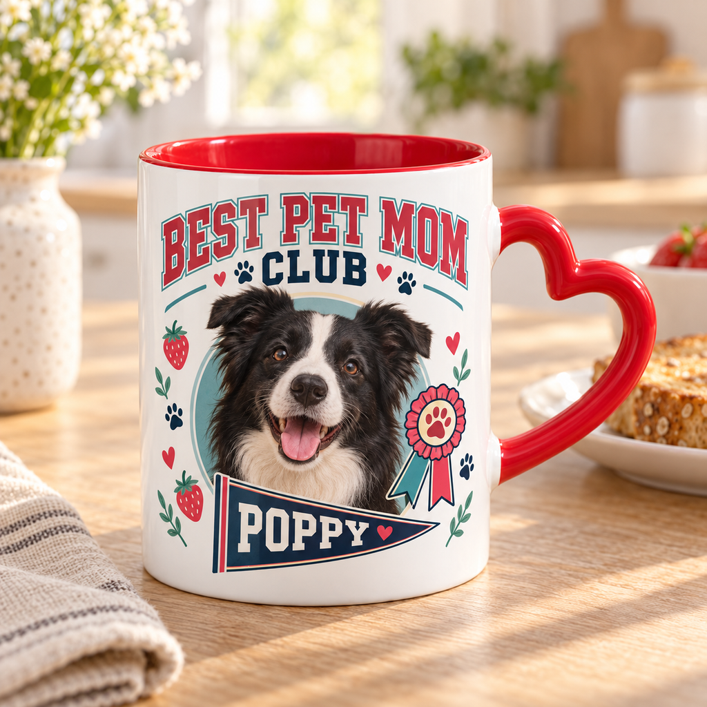 Best Pet Mom Club — Personalized Pet Heart Handle Mug — lifestyle example mockup