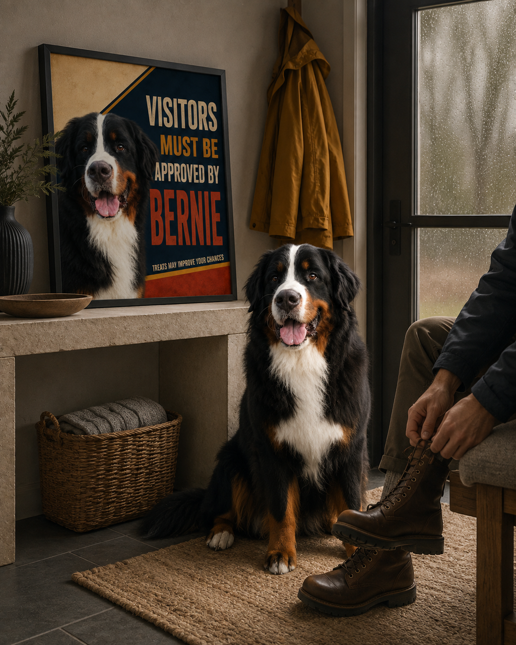 Visitors Approved personalized framed pet portrait in an entryway