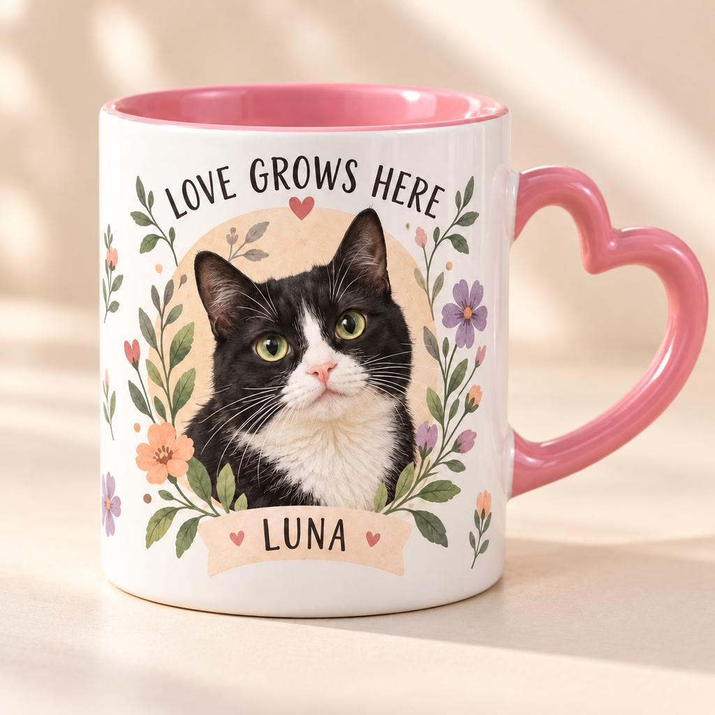 Love Grows Here — Personalized Pet Heart Handle Mug — close-up example mockup