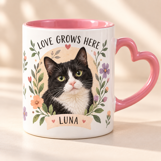 Love Grows Here — Personalized Pet Heart Handle Mug — close-up example mockup