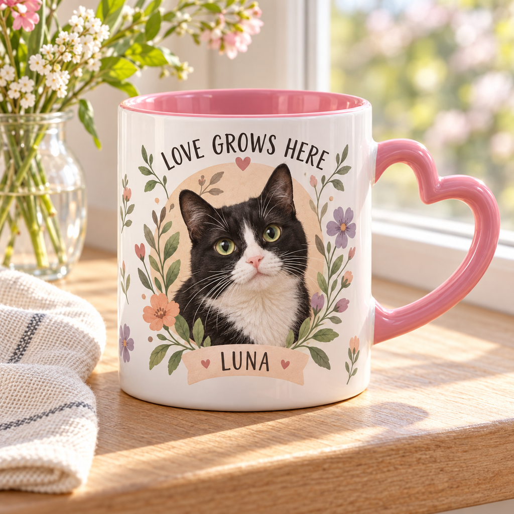Love Grows Here — Personalized Pet Heart Handle Mug — lifestyle example mockup