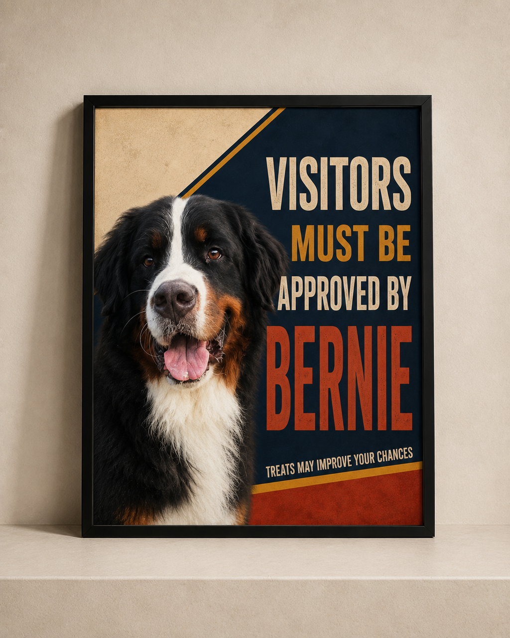 Black-framed Visitors Approved pet portrait personalized with the name Bernie
