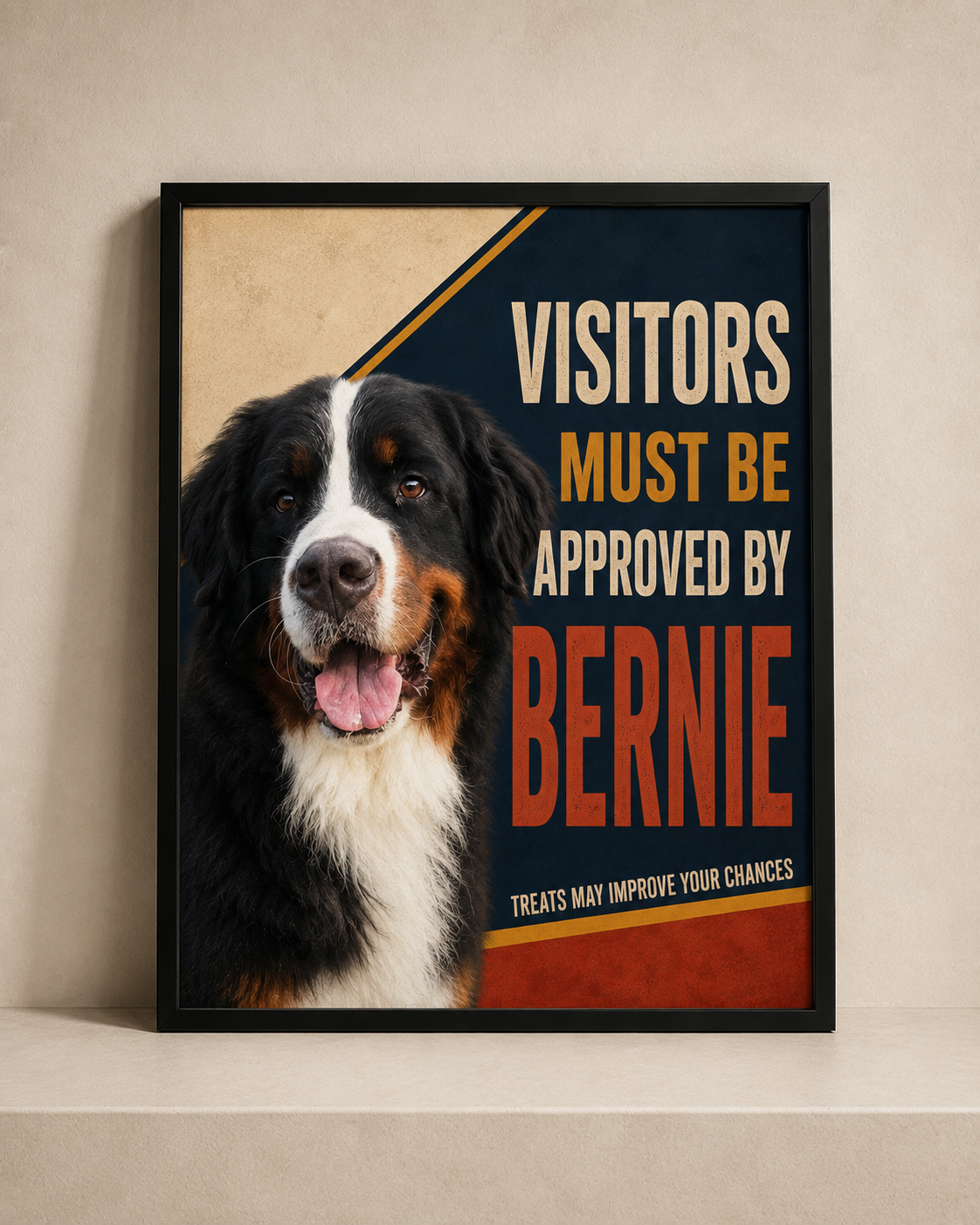 Black-framed Visitors Approved pet portrait personalized with the name Bernie