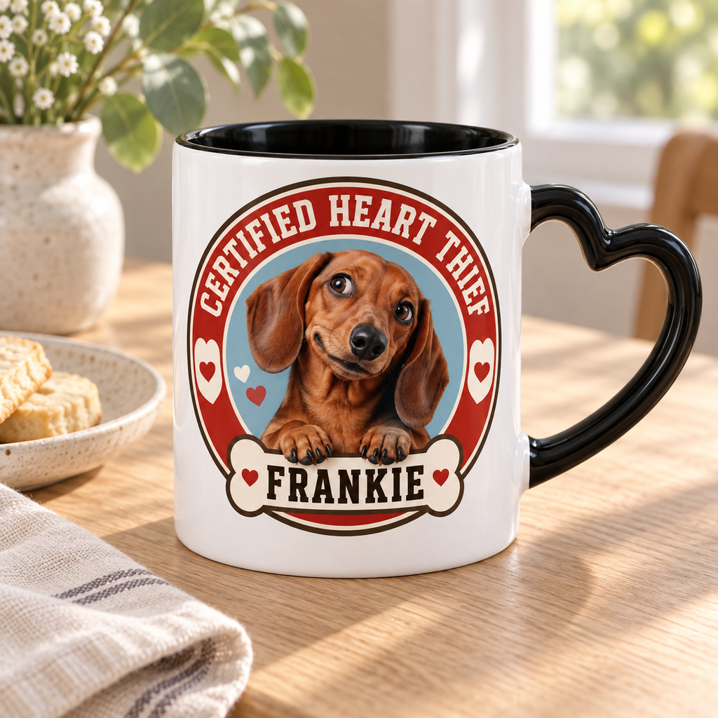 Certified Heart Thief — Personalized Pet Heart Handle Mug — lifestyle example mockup
