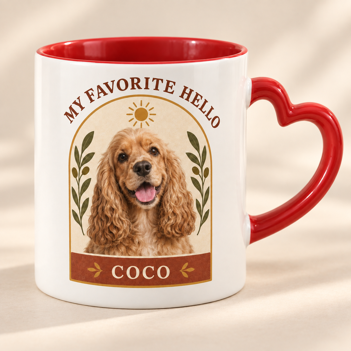 My Favorite Hello — Personalized Pet Heart Handle Mug — close-up example mockup