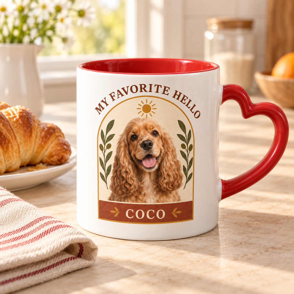 My Favorite Hello — Personalized Pet Heart Handle Mug — lifestyle example mockup