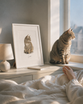 Watercolor personalized framed pet portrait styled in a bright home