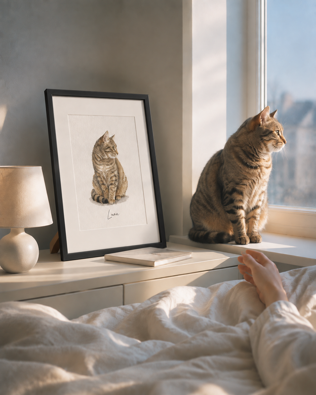 Watercolor personalized framed pet portrait styled in a bright home