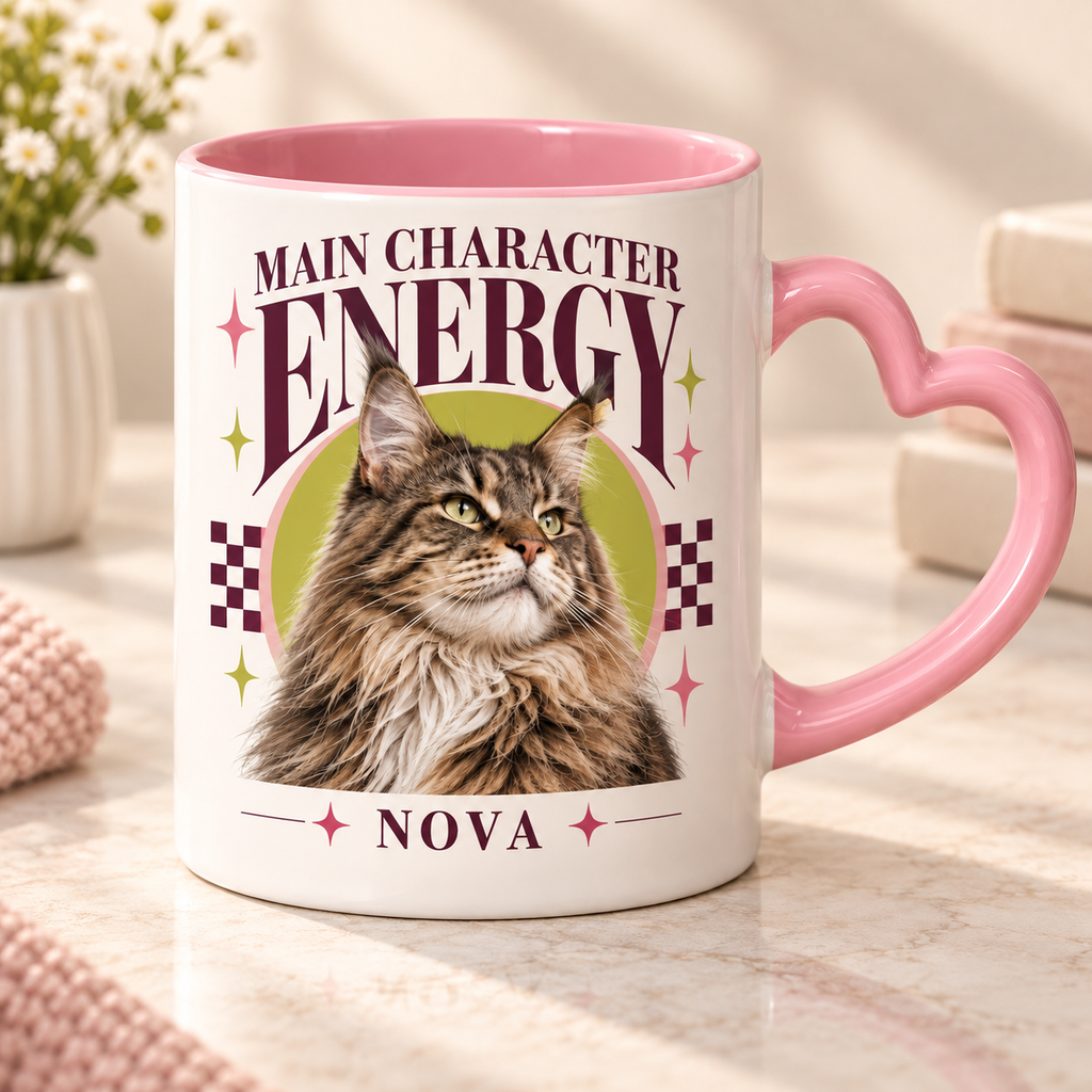 Main Character Energy — Personalized Pet Heart Handle Mug — close-up example mockup