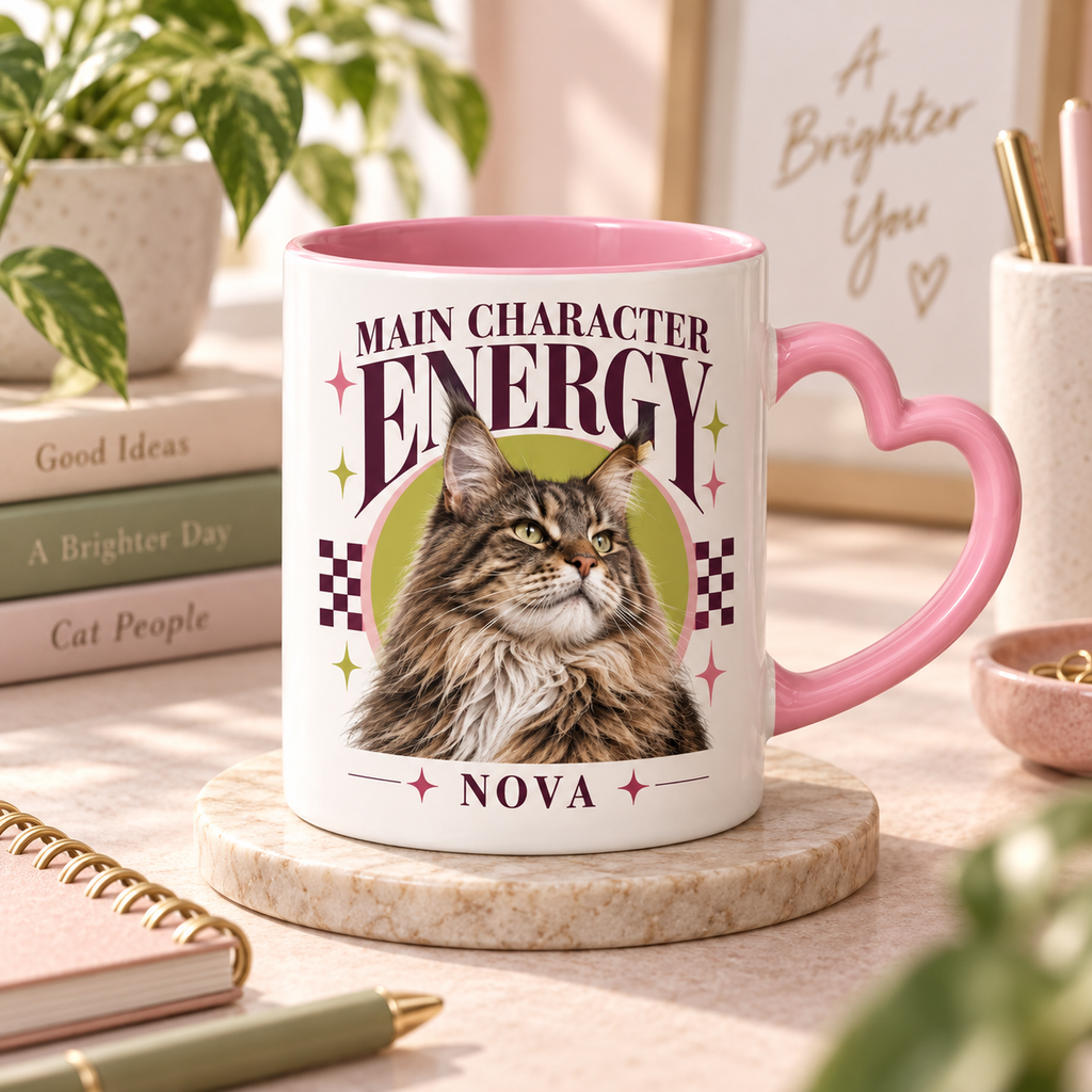 Main Character Energy — Personalized Pet Heart Handle Mug — lifestyle example mockup