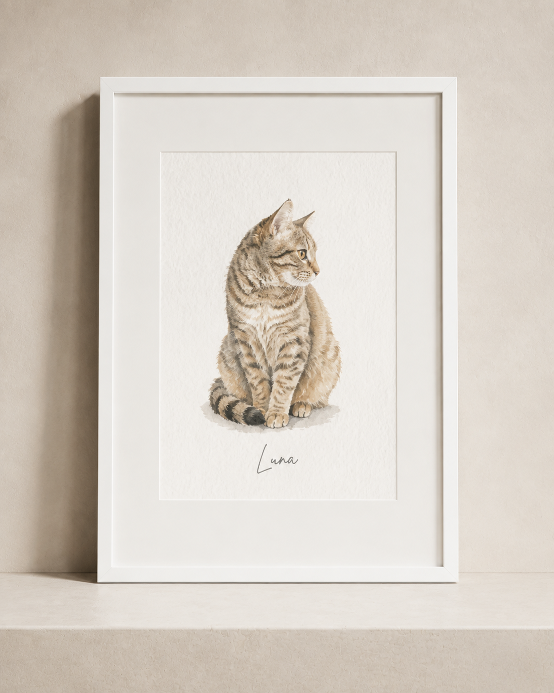White-framed watercolor pet portrait personalized with the name Luna