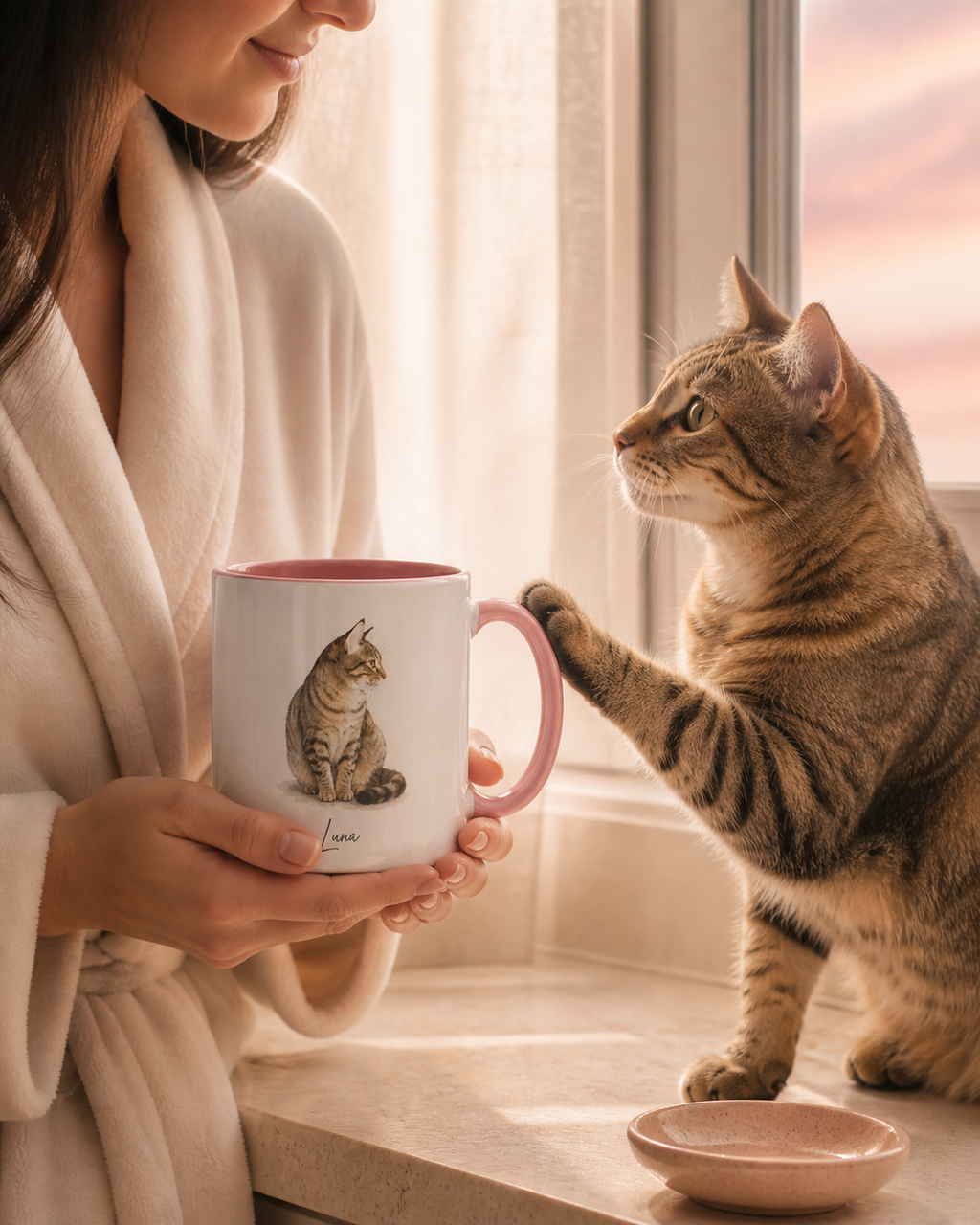 Personalized watercolor pet mug in a warm sunrise setting