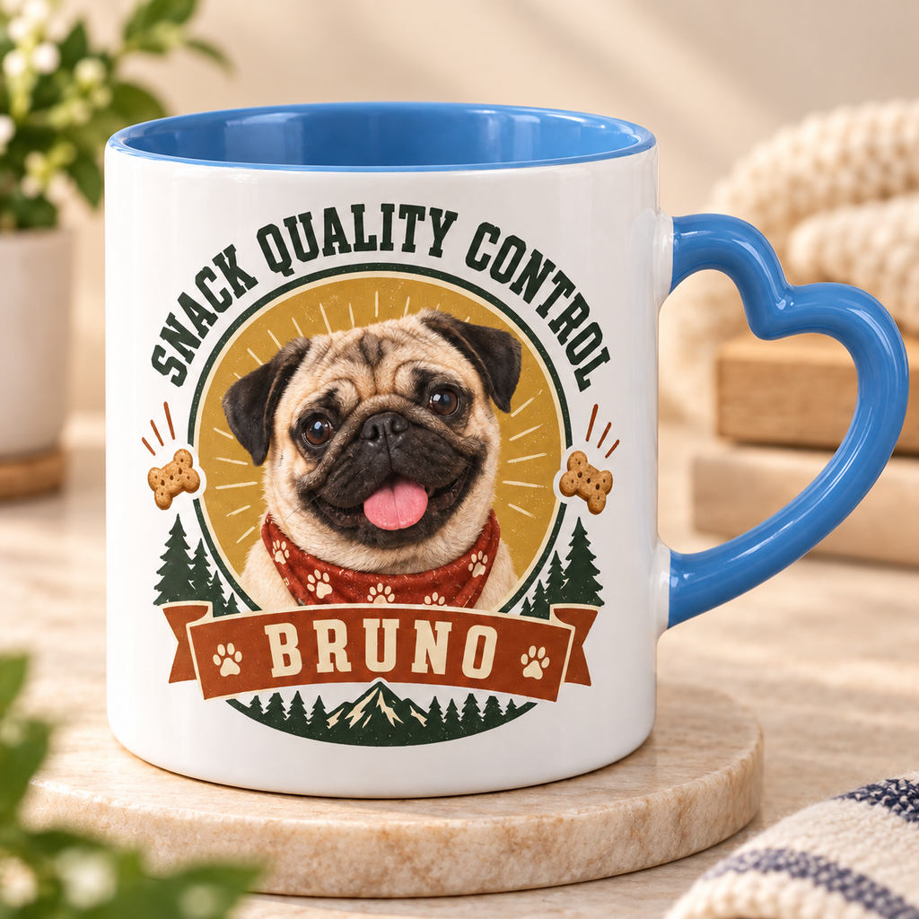 Snack Quality Control — Personalized Pet Heart Handle Mug — close-up example mockup
