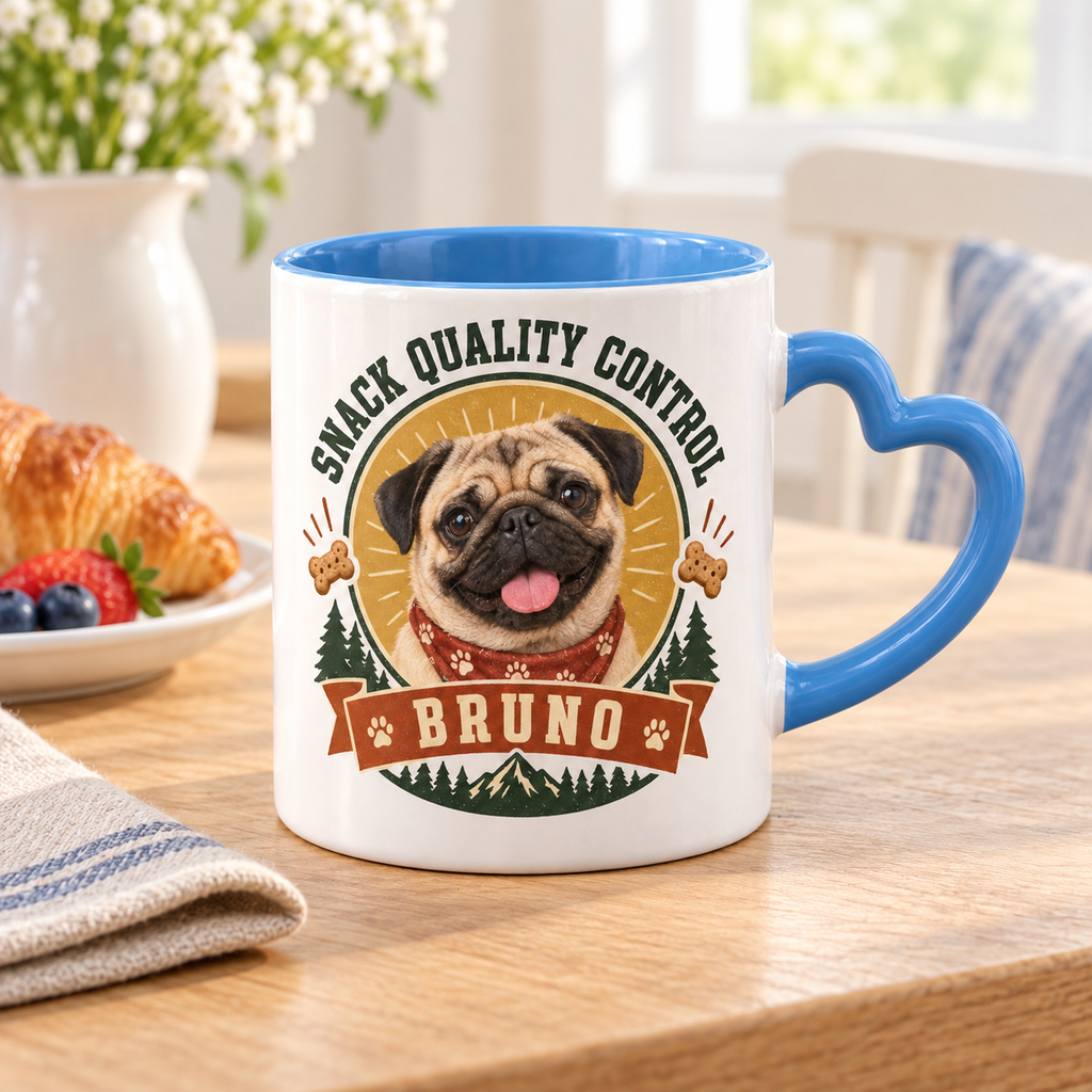 Snack Quality Control — Personalized Pet Heart Handle Mug — lifestyle example mockup