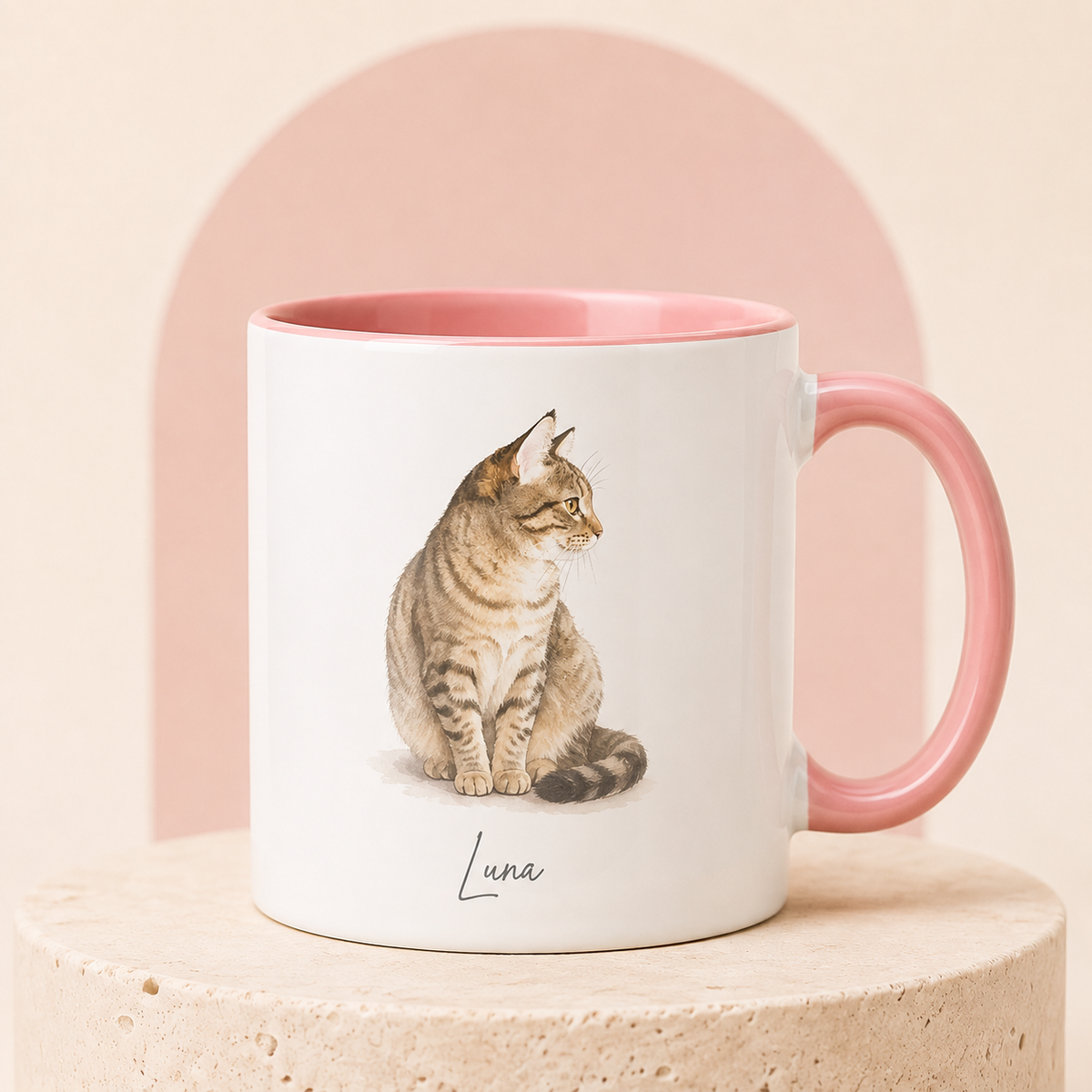 Pink watercolor pet portrait mug personalized with the name Luna