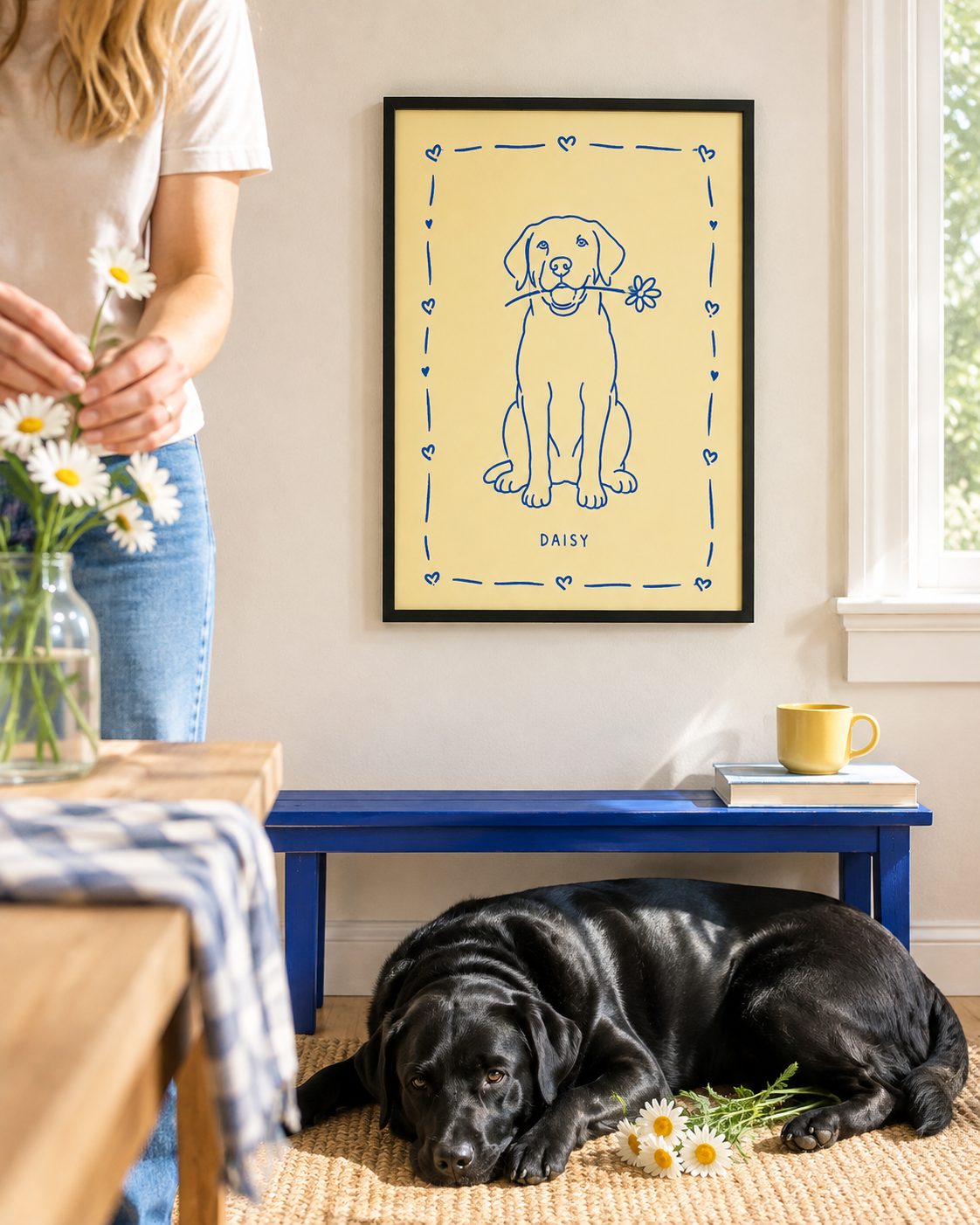 Minimal line art personalized framed dog portrait in a sunny room
