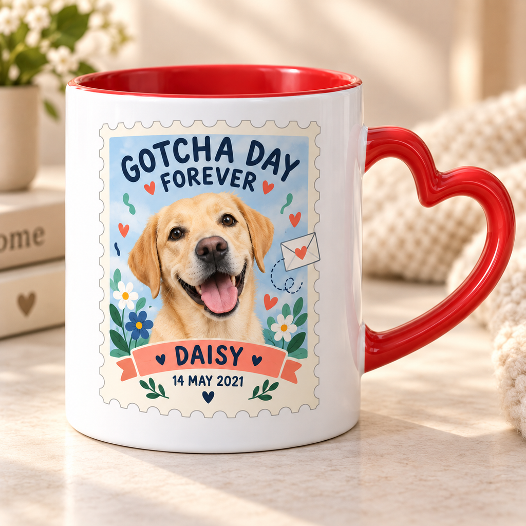 Gotcha Day Forever — Personalized Pet Heart Handle Mug — close-up example mockup
