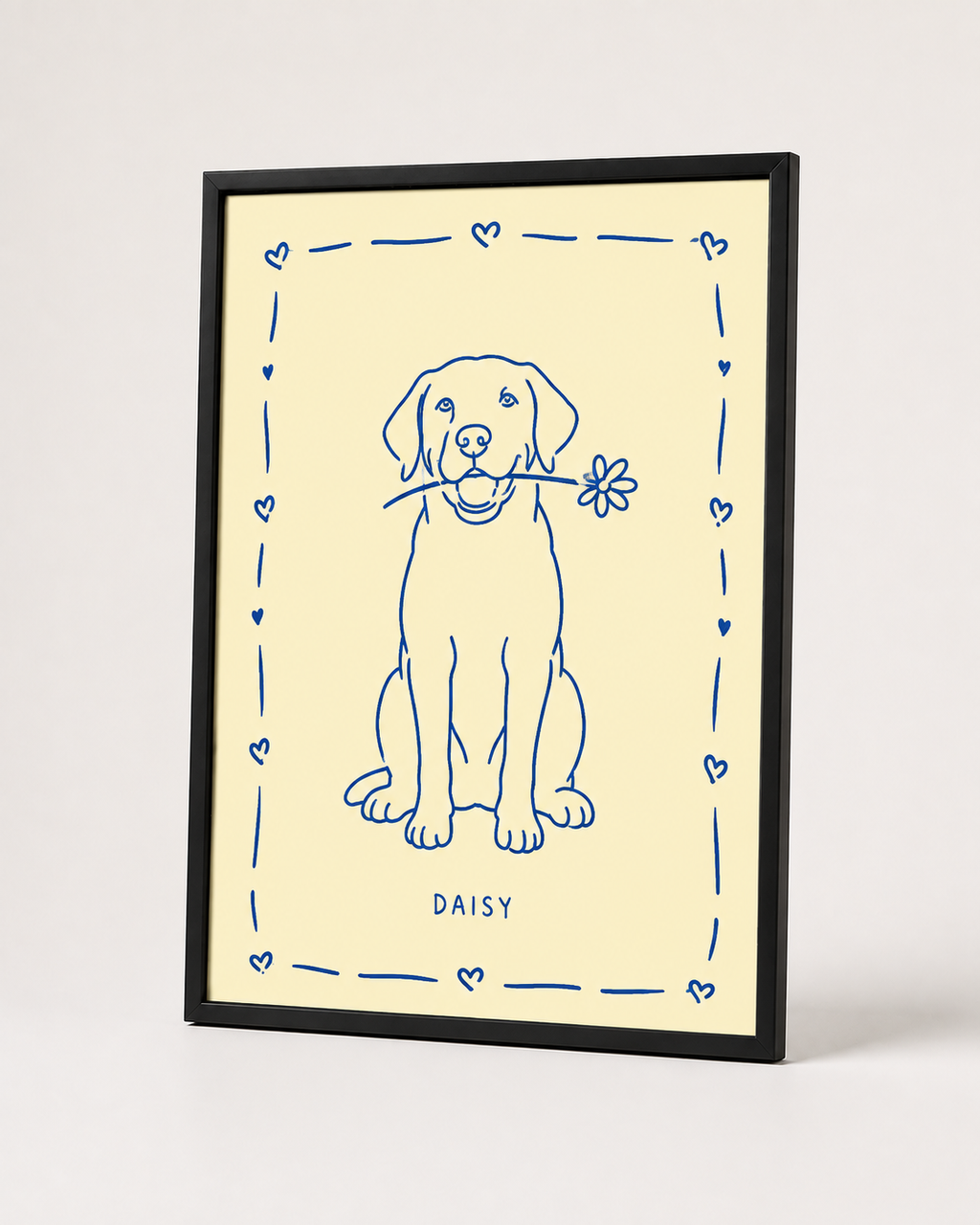 Black-framed line art pet portrait personalized with the name Daisy