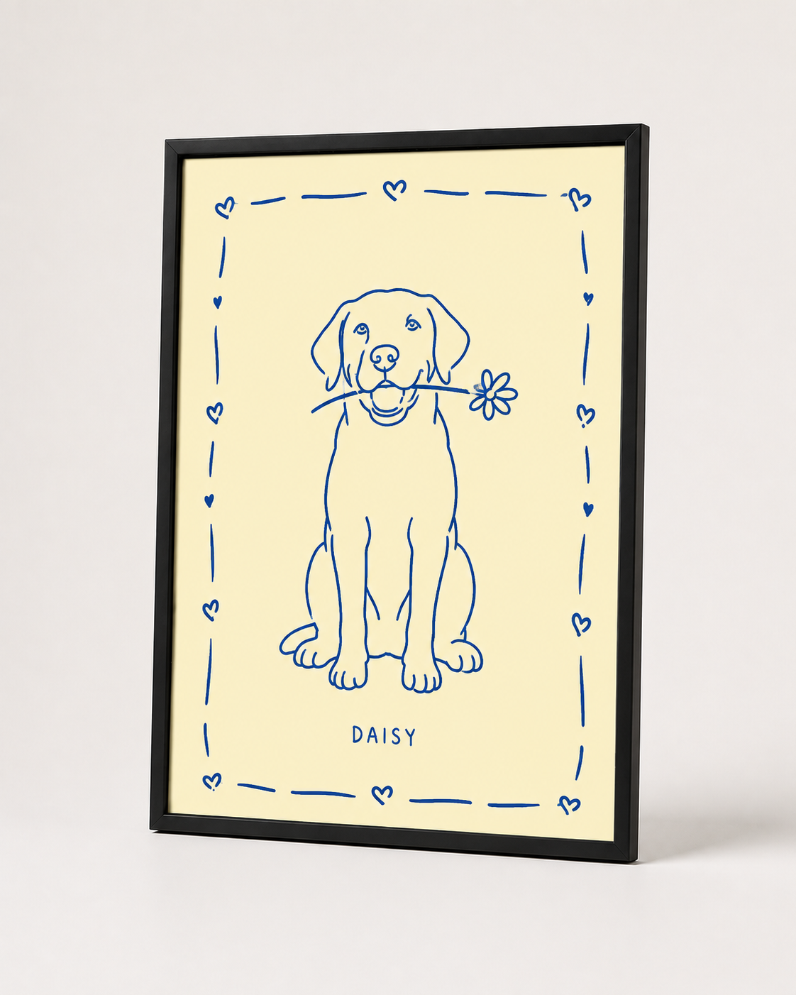 Black-framed line art pet portrait personalized with the name Daisy