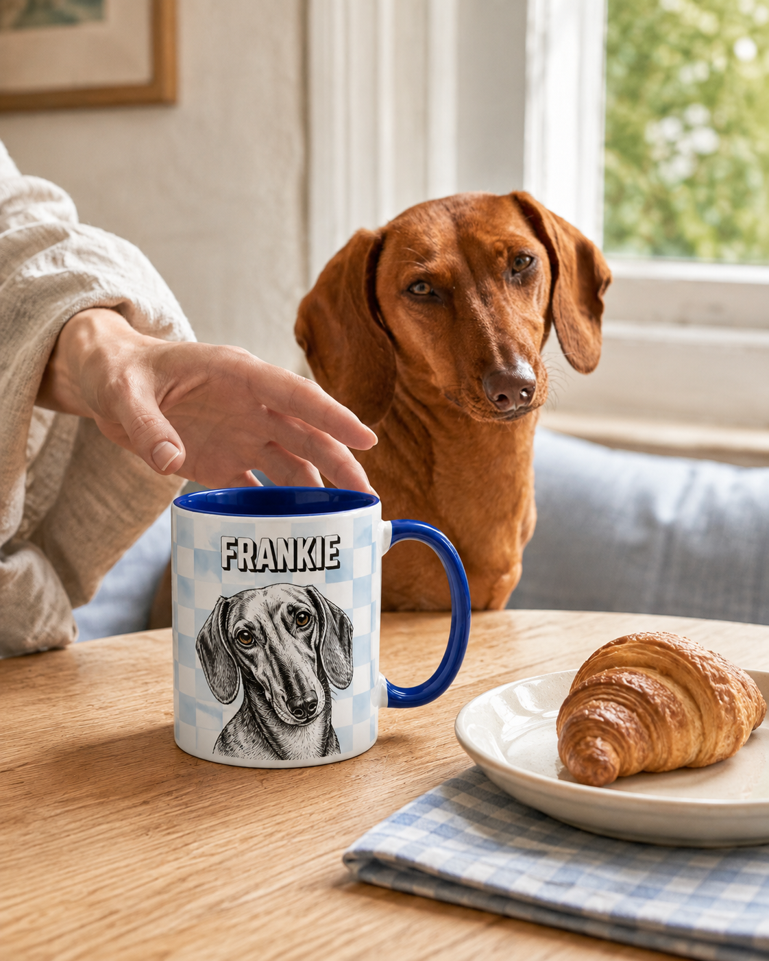 Gingham sketch personalized pet mug in a breakfast setting