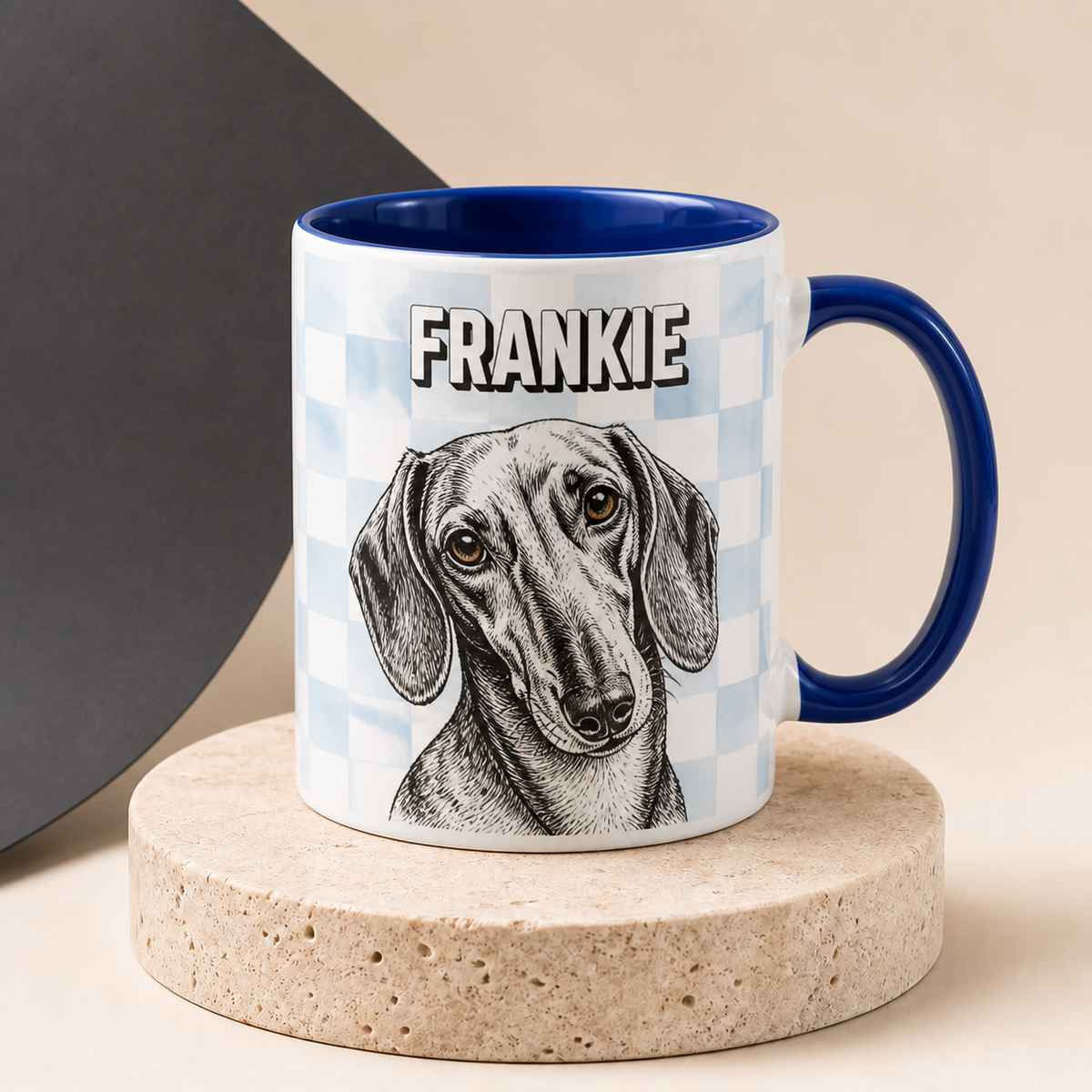 Blue gingham pet portrait mug personalized with the name Frankie