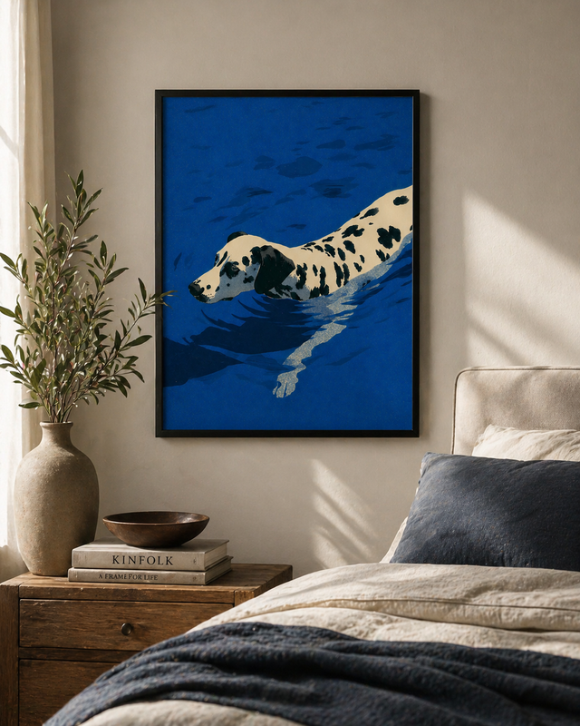 Deep Blue Dive Dalmatian swim art print by Fiorpaw