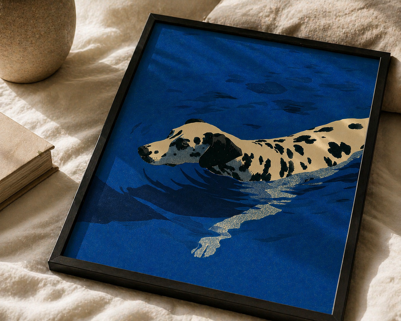 Deep Blue Dive Dalmatian swim art print by Fiorpaw
