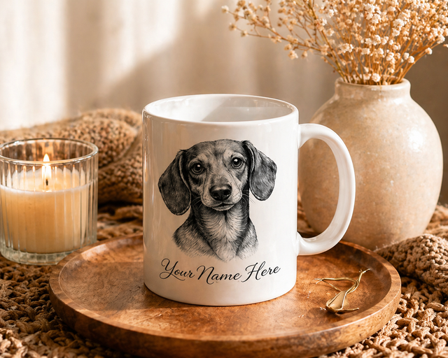 Custom black and white pet portrait mug by Fiorpaw