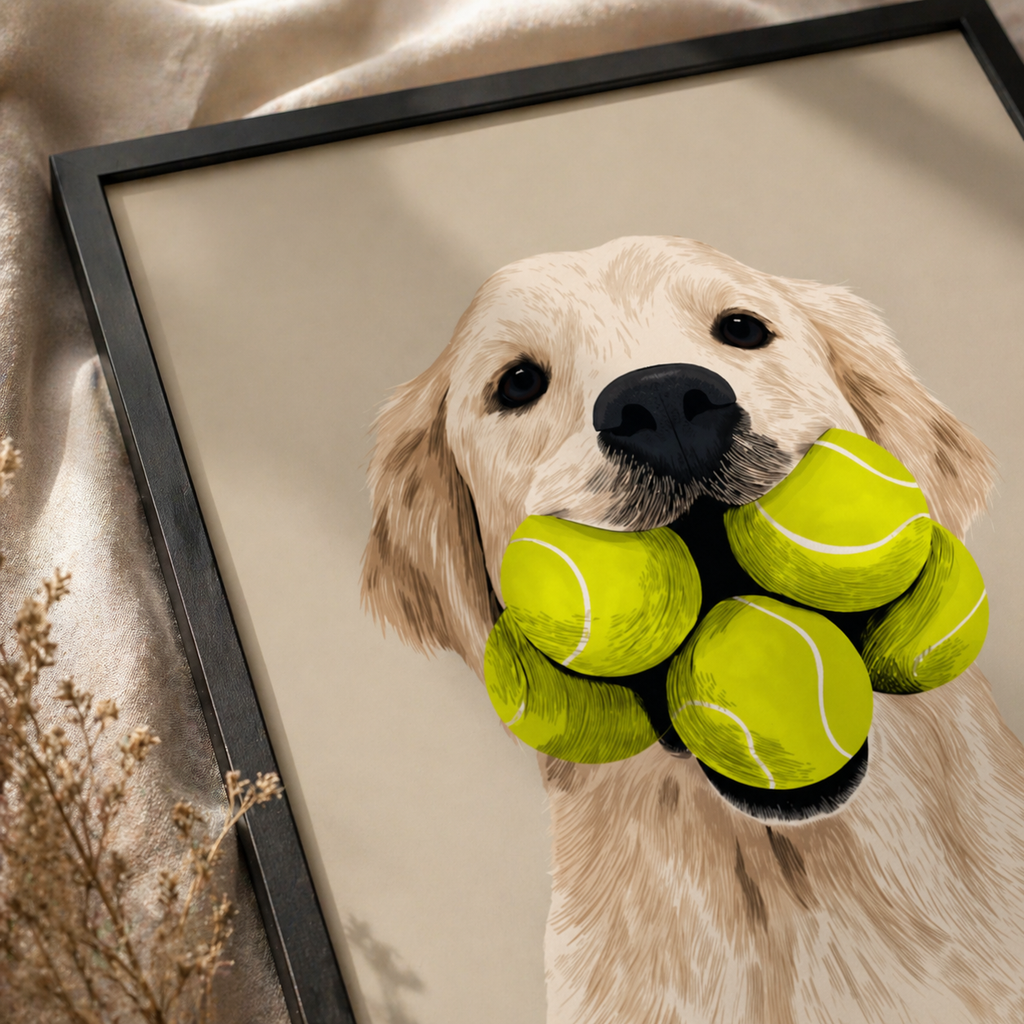 All In golden retriever tennis ball art print by Fiorpaw