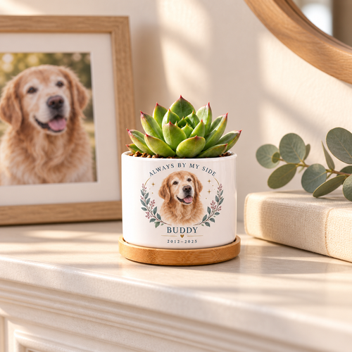 Always by My Side personalized pet plant pot in a real-life setting