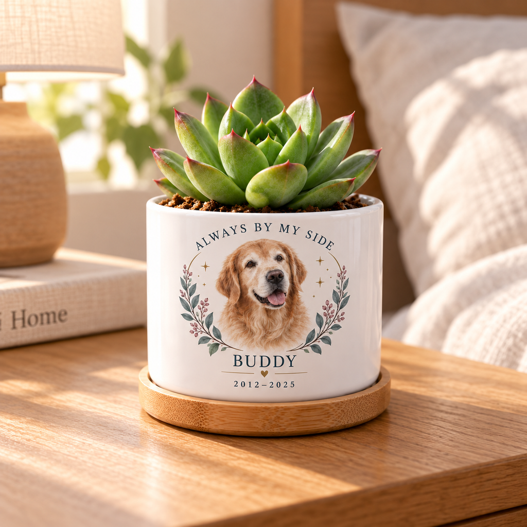 Always by My Side personalized pet plant pot side-angle lifestyle