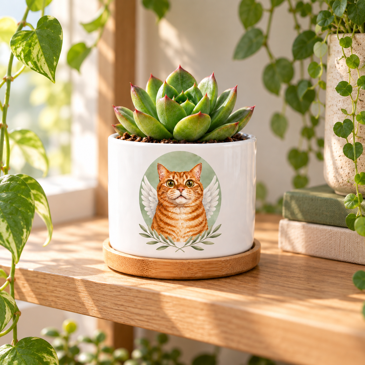 Angel in the Garden personalized pet plant pot in a real-life setting