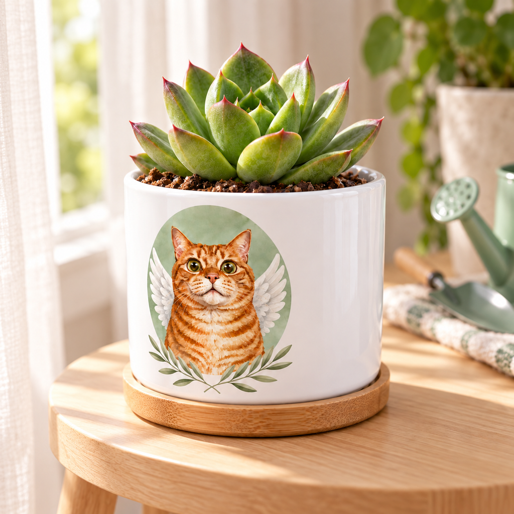 Angel in the Garden personalized pet plant pot side-angle lifestyle