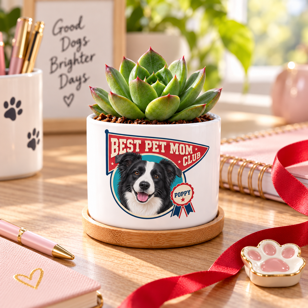 Best Pet Mom Club personalized pet plant pot in a real-life setting