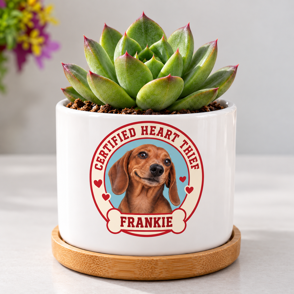 Certified Heart Thief personalized pet plant pot close-up