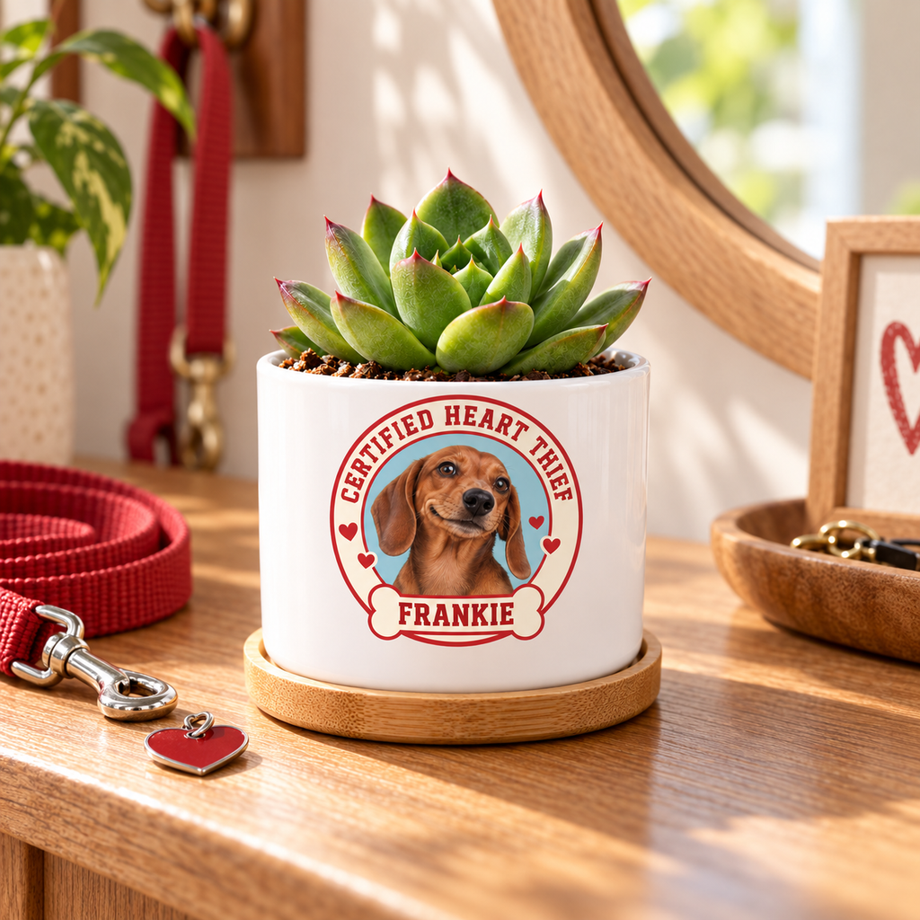 Certified Heart Thief personalized pet plant pot in a real-life setting