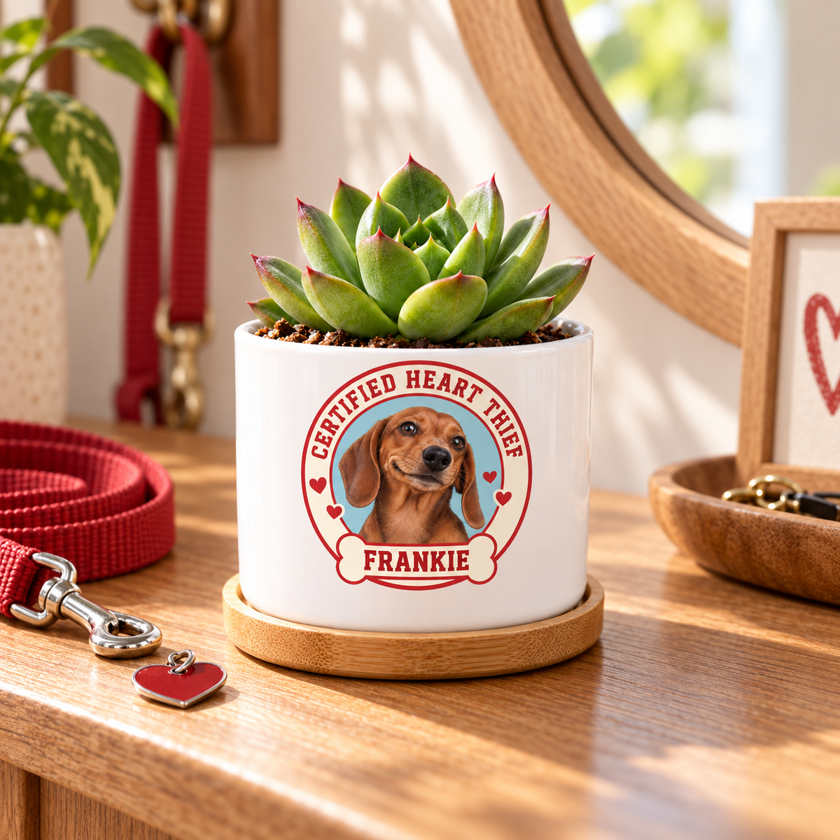 Certified Heart Thief personalized pet plant pot in a real-life setting