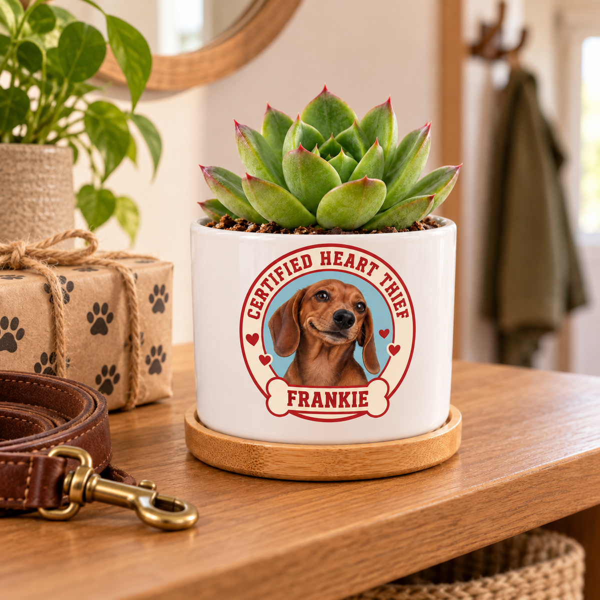 Certified Heart Thief personalized pet plant pot side-angle lifestyle
