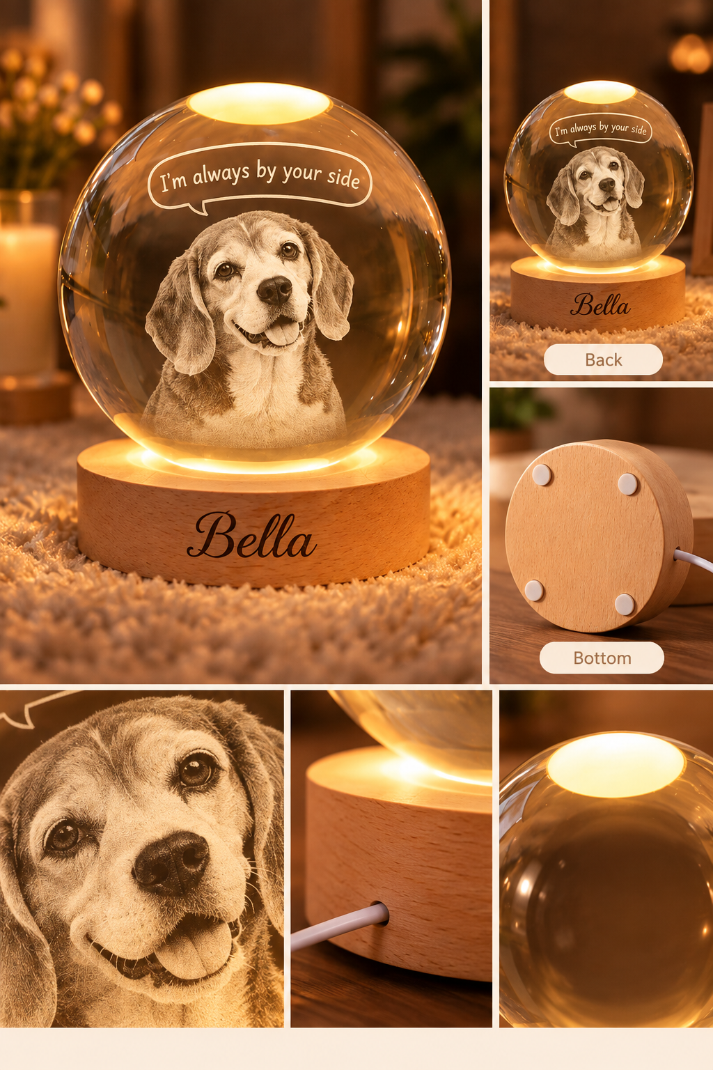 Always by Your Side — Personalized Pet Crystal Globe Lamp — product details and close-up mockup